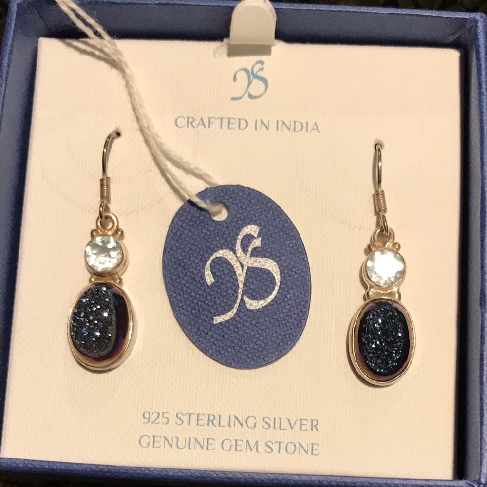 Sterling Silver Blue Druzy Drop Pierced Earrings